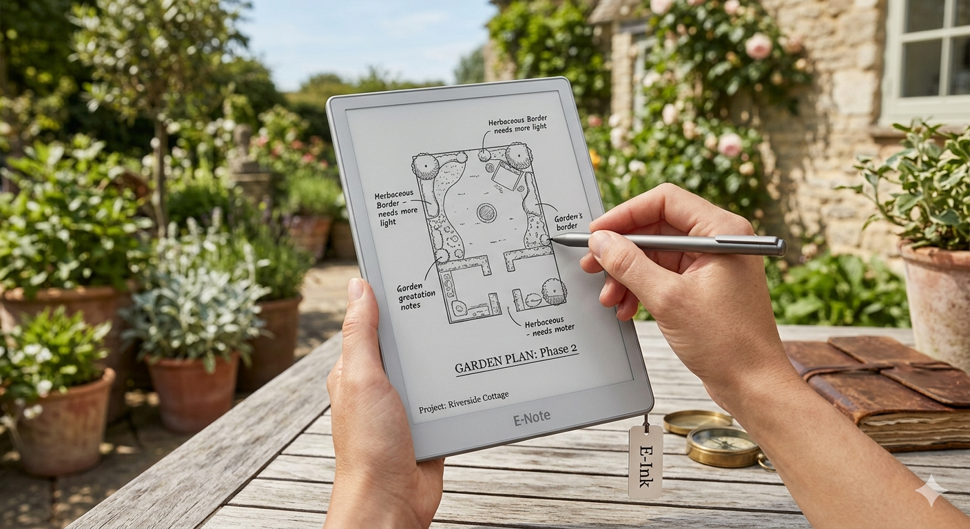 Writing on an E-Ink tablet with a stylus outdoors